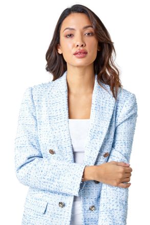 Roman Womens Textured Check Boucle Blazer Jacket - Blue - Size 14 UK