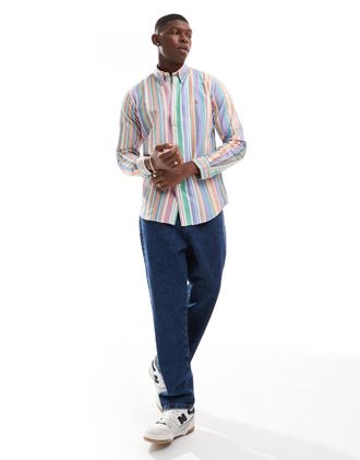 Polo Ralph Lauren Icon - Camicia Oxford multicolore a righe arancioni e verdi con logo-Verde