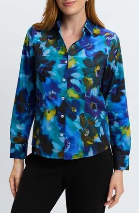 Foxcroft June Floral Button-Up Shirt in Blue Multi at Nordstrom Rack, Size 10