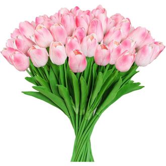 OEM Tulipanes Artificiales Rosas: Paquete De 10 Tulipanes Rosas De Ray&oacute;n Con Tallos, Ideales Para La Decoraci&oacute;n Del Hogar, Bodas, Hoteles Y Oficinas