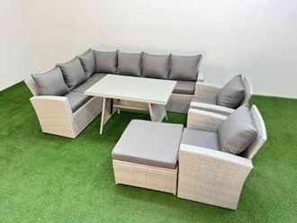 Fimous Garden Outdoor Rattan Furniture Set with Big Footstool 9 Seater in Light Grey