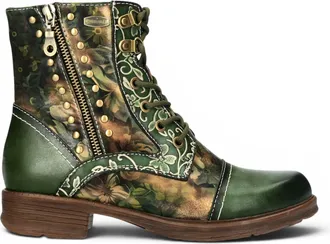 Laura Vita Womens Green Floral Victorian Leather Lace-up Ankle Boots - Anitao - 15