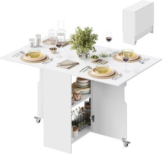 Woltu Woltu Mesa Plegable De Madera Reconstituida Con 2 Ruedas Giratorias Y Estantes Abiertos (capacidad Para 2-4 Personas), Blanco