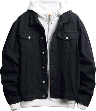 Generic Mens Oversize Denim Jacket Cartoon Print Lapel Patchwork Button Baggy School Coat With Pockets (Black, XL)
