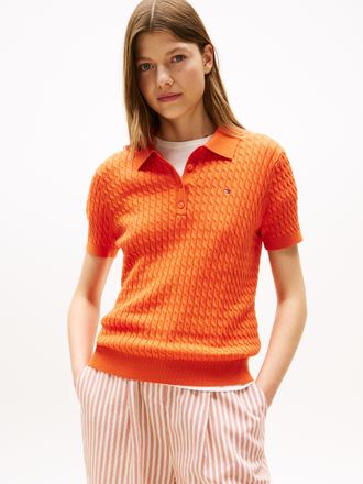 Tommy Hilfiger Poloshirt TOMMY HILFIGER CO CABLE POLO-NK SS SWEATER, Damen, Gr. XXL (44), orange (brilliant orange), Single Jersey, Obermaterial: 100% Baumwolle, uni