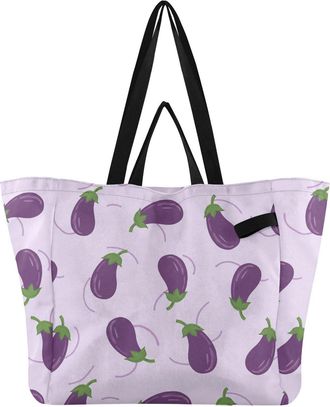 Generic Eggplant Vegetable White pattern Reusable Canvas Tote Bag, Heavy Duty Grocery Shopping Bag with Double Handles Hard Bottom Large Capacity Work Groceri