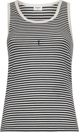 Saint Laurent Sleeveless Tops, female, Black, Size: L Striped Cotton Top with Embroidery