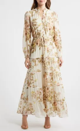 CeCe by Cynthia Steffe Floral Long Sleeve Tiered Maxi Dress in Twill at Nordstrom, Size Large