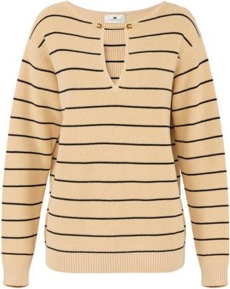 Elisabetta Franchi Truien & Vesten, Dames, Beige, 2Xl, Polyester, Gestreept gebreide pullover met V-hals