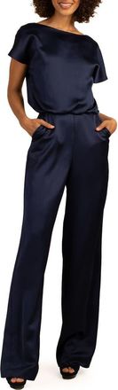 Trina Turk Amuse Short Sleeve Satin Jumpsuit in Night Sky at Nordstrom Rack, Size 8