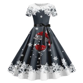 Generic Christmas Dresses Women Funny Xmas Tree Plaid Snowflake Printed 50s 60s A Line Rockabilly Cocktail Dress Short Sleeve High Waist Swing Flowy Dress Xma