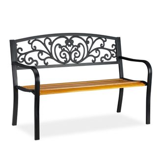 Relaxdays Relaxdays - Banco Jard&iacute;n Retro, Asiento De 2 Plazas, Balc&oacute;n Y Terraza, Madera Y Metal, 86,5 X 127 X 59 Cm, Marr&oacute;n Y Negro