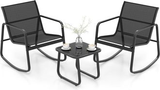 Costway Mesa Y Sillas Terraza, 2 Mecedoras De Bistr&oacute; Y 1 Mesa Con Tapa De Vidrio, Conjunto Jardin Exterior Balcon, Juego De Mecedora - Costway