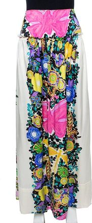 Roberto Cavalli Cream Flora & Fauna Print Satin Silk Maxi Skirt