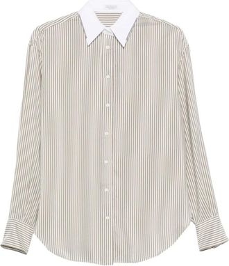Brunello Cucinelli Gestreepte Zijde Blouse - Dames - Blouses & Shirts - Beige - Maat: XS Zijde