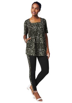 Jessica London Stretch Cotton Square Neck Tunic in Black Painterly Cheetah at Nordstrom, Size Medium