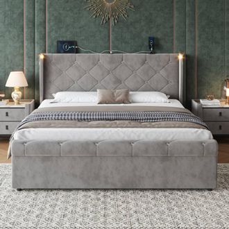 Matteo Double velvet Upholstered Bed Frame with Diamond Tufted Headboard in Grey