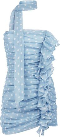 Nina Ricci Light Blue Mini Dress with Ruched Detail and Ruffled Accent