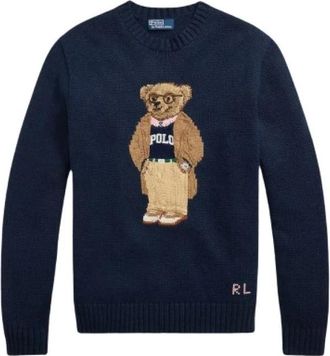 Polo Ralph Lauren Beer Jacquard Gebreide Trui - Heren - Ronde hals truien - Blauw - M - Katoen - Truien & Vesten