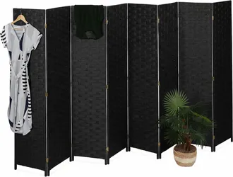 Relaxdays Relaxdays Biombo Separador 170x320 Cm, Plegable, 8 Paneles, Madera, Cord&oacute;n De Papel, Negro
