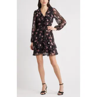 Chelsea28 Floral Ruffle Trim Long Sleeve Chiffon Minidress in Black- Burg Floral at Nordstrom Rack, Size X-Small