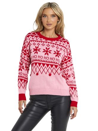 SS7 Womens Christmas Jumper Snow Flake Ho Ho Knitted Sweater Pink