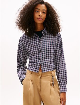 Tommy Hilfiger Womens Tommy Jeans Cropped Tie-Back Check Shirt - Navy - XS