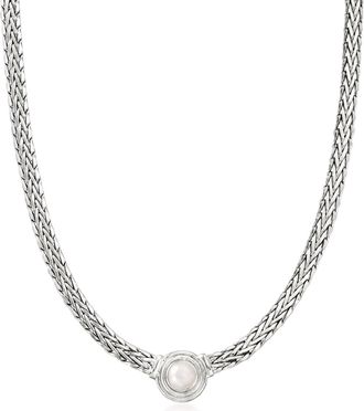 Ross-Simons 8mm Cultured Pearl Flat Wheat-Chain Necklace in Sterling Silver