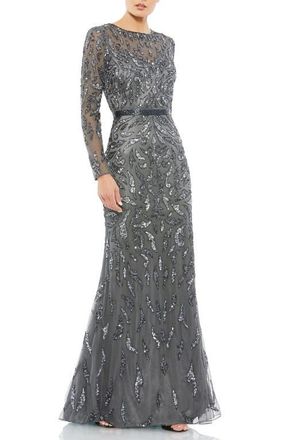 Mac Duggal Abstract Beaded Long Sleeve Evening Gown in Charcoal at Nordstrom, Size 12