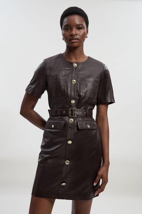 Karen Millen Womens Leather Pocket Belted Mini Dress - Purple - Size 6 UK