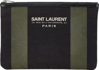 Saint Laurent Black Khaki Canvas Leather Clutch Bag Pouch (Pre-Owned)