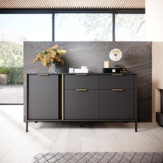 Dmora Credenza Hametesi, Aparador 2 Cajones, 3 Estantes, Puerta Abatible, Deslizante, 153x40x81h Cm Negro