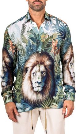 Maceoo Fibonacci Marthyr 0324 Lion Print Contemporary Fit Button-Up Shirt in Green at Nordstrom, Size 6