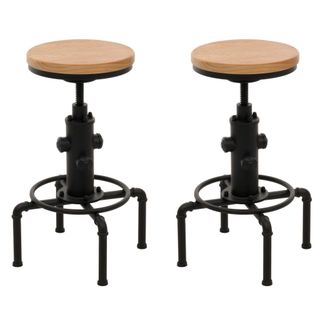 Hhg Hhg - Nunca Usado] Juego De 2 Taburetes De Bar 970, Taburete De Bar Altura Regulable Reposapi&eacute;s Giratorio Hierro Industrial Madera Maciza, Naturaleza