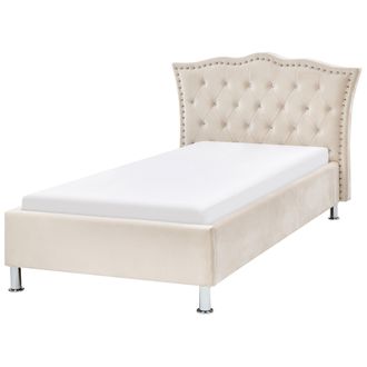 Beliani Cama Con Somier De Terciopelo Beige Plateado 90 X 200 Cm Cabecero Botones Metz