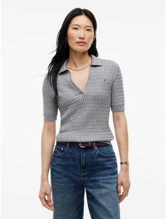 Tommy Hilfiger Womens Short-Sleeve Cable Knit Sweater Polo - Medium Grey Heather - XXS