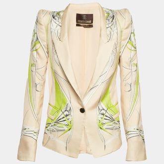 Roberto Cavalli Light Orange Abstract Print Satin Regular Fit Blazer