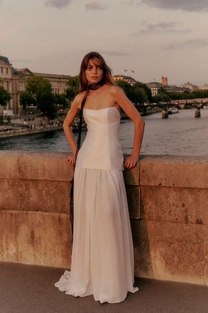 Jenny Yoo Stormy Strapless Drop-Waist Chiffon Skirt Wedding Gown with Scarf