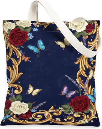 Generic Vintage Elegant Floral Canvas Tote Bags, Butterfly Rose Pattern Reusable Grocery Bags, Decorative Lightweight Washable Shou, Navy, 13x15 Inch