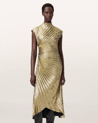 AllSaints Polyester Rayanna Pleated Midi Dress, Size: UK 16/US 12