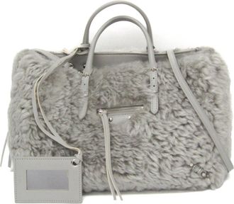 Balenciaga Papier A6 Zip Around Classic Studs Shearling Gray Faux_Fur Handbag (Pre-Owned)