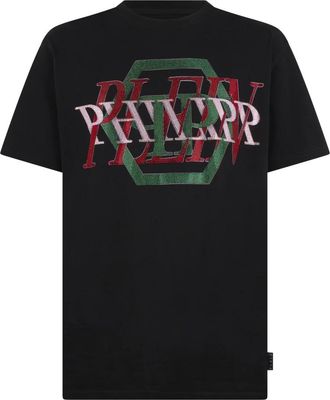 Philipp Plein Rondhals T-Shirt Logo Hexagon Stenen - Heren - T-shirts - Zwart - 3XL - Katoen - Tops
