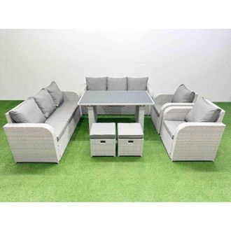 Fimous 10 Seater Wicker pe Rattan Furniture Outdoor Dining Table 3 Seater Sofa Reclining Chair Set with 2 Small Stools Light Grey - Fimous