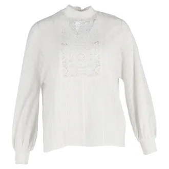 Maje Lentel Smocked Lace Top in White Cotton