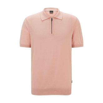 BOSS Zip-neck knit polo in a linen blend