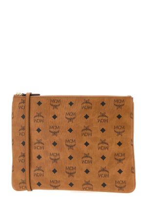 MCM Unisex Aren Visetos Crossbody Bag Cognac Fabric