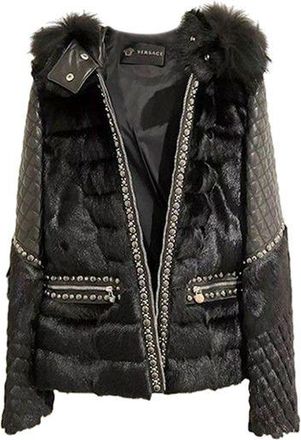 Versace Black leather & goat fur jacket Size S