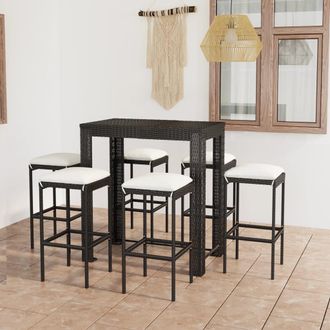 vidaXL Set Muebles Bar Jard&iacute;n 7 Piezas Y Cojines Rat&aacute;n Sint&eacute;tico Negro Vidaxl