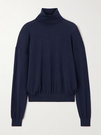 Saint Laurent Pullover A Collo Alto In Misto Lana, Cashmere E Seta - Blu
