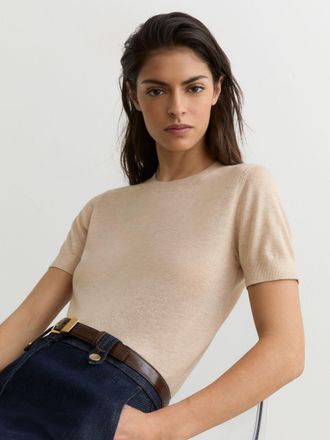 Reiss Neutral Short-sleeve Knitted Top With Linen, XL